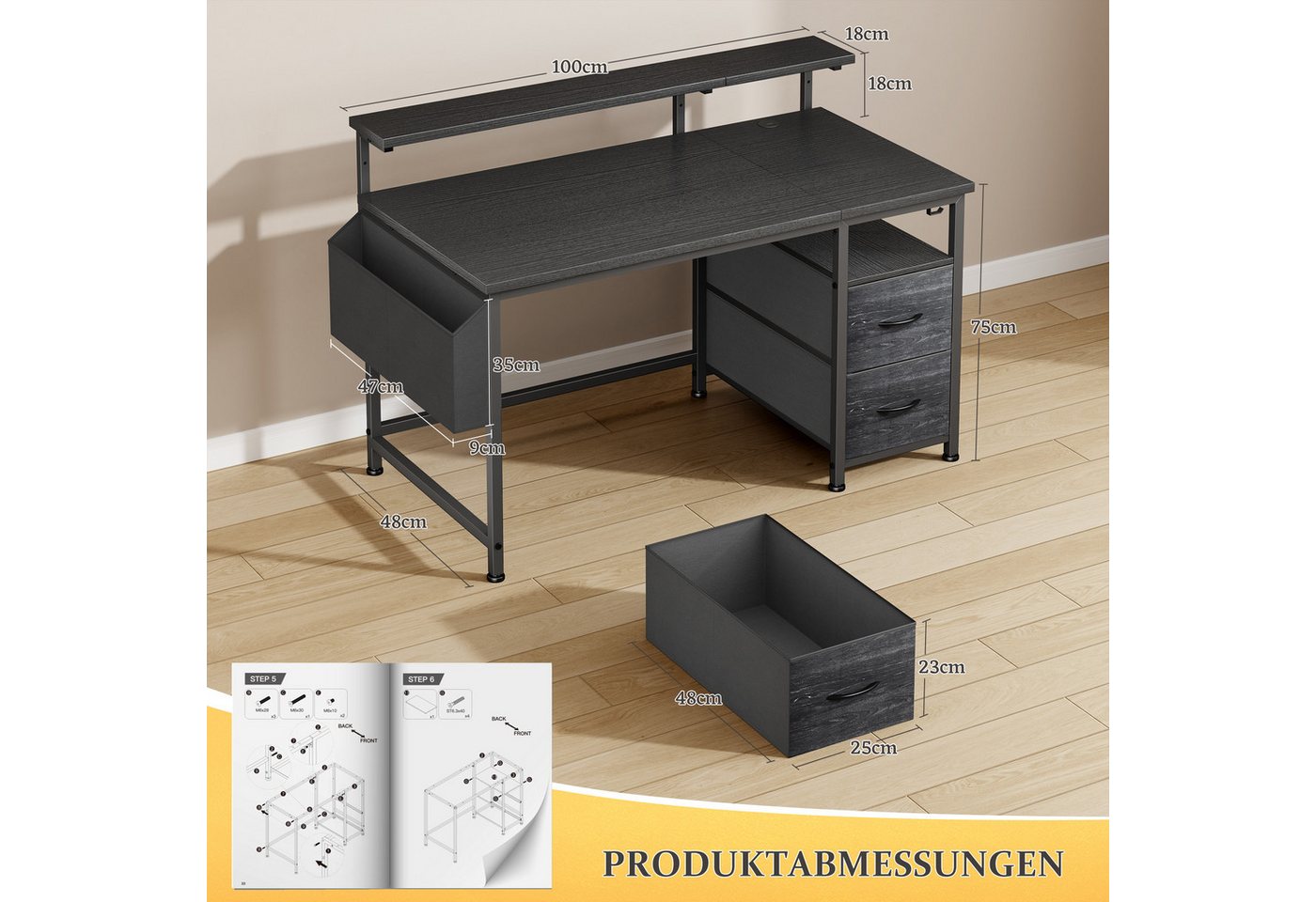 Klyvvo Eckschreibtisch Computertisch, Schreibtisch mit 2 Schubladen Bieten Stauraum (1-St., mit Monitorständer, 2 Ablagehaken), Kompakte Maße Passen Gut in Stud – Bild 2 von 5