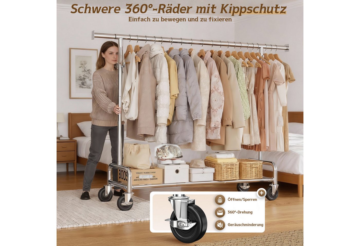 Klyvvo Kleiderständer auf Rollen, Ausziehbare Schwerlast Kleiderständer Stabil mit Rollen, (1 St), aus Metall für Kleider, Pullover, Mäntel, bis 150kg Belastbar – Bild 4 von 5