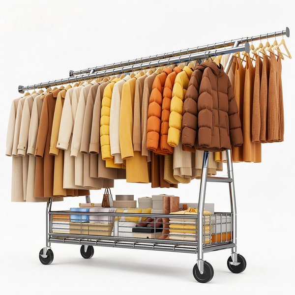 Klyvvo Kleiderständer auf Rollen mit Doppelstange & Netzkorb, 200 kg Schwerlast-Tragkraft, (1 St), reichlich Stauraum für Kleidung & Accessoires