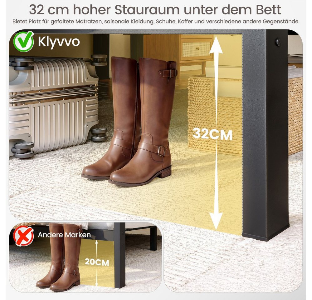Klyvvo Metallbett mit Lattenrost, 32 cm hohem Stauraum und 500 kg Belastbarkeit (1-tlg., mit 96 cm Kopfteil, Geräuschfrei, Einfache Montage), für Schlafzimmer,  – Bild 4 von 5