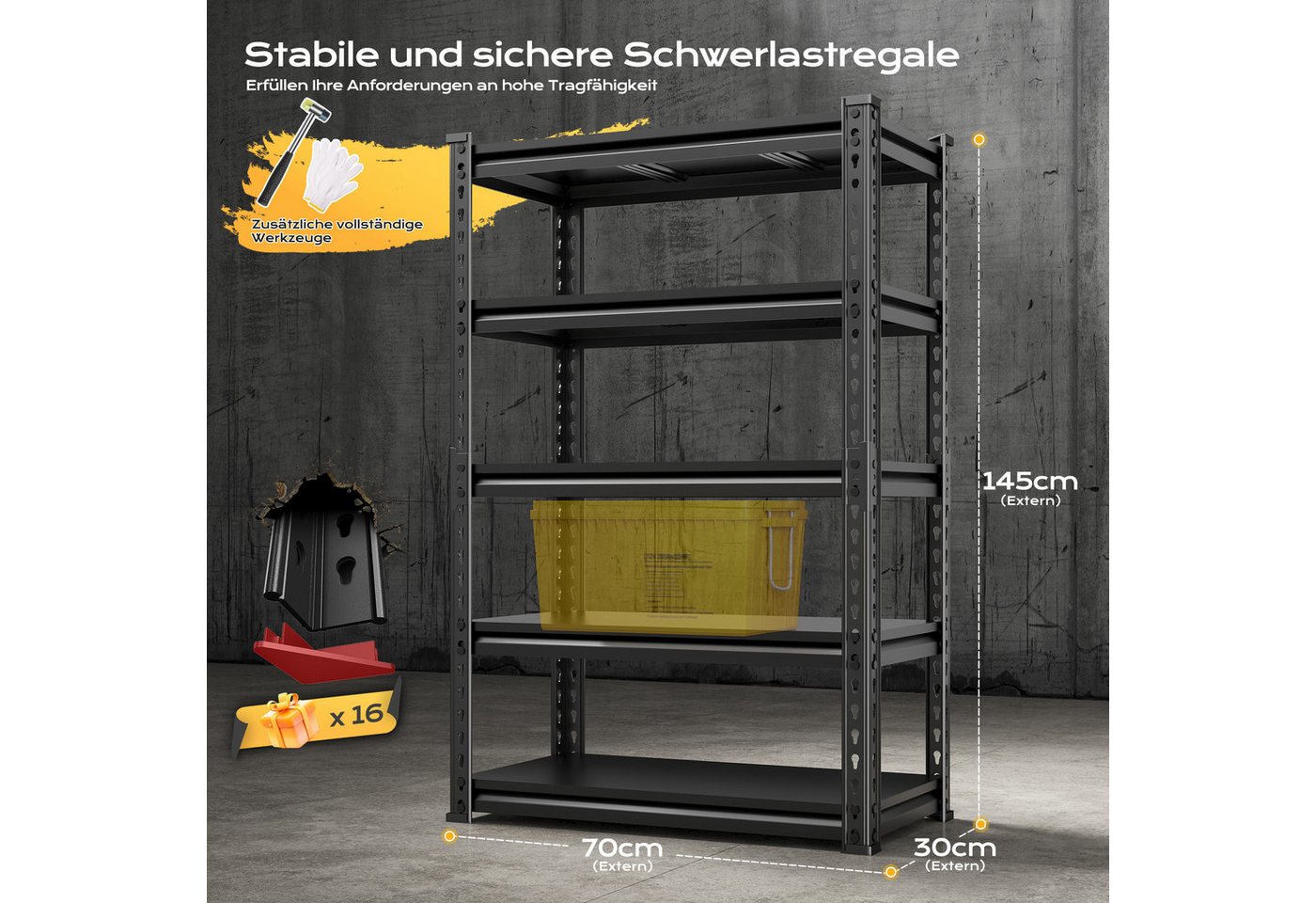 Klyvvo Regal Schwerlastregal Metall, Tragkraft bis 1750 kg, mit 5 Metallböden Verstellbaren, Steckregal Werkstattregal Kellerregal 1-tlg., Standregal, Lagerrega – Bild 2 von 5
