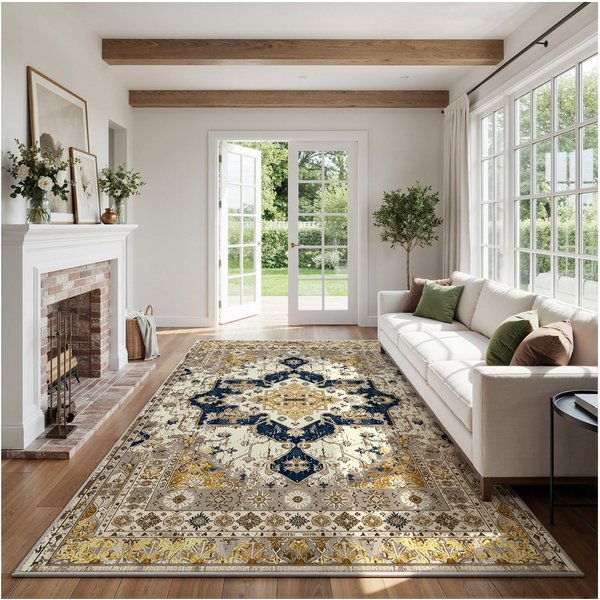 Klyvvo Teppich Boho Retro Kurzflor Teppich mit Blumenmuster rechteckig, Höhe: 8.5 mm, Rechteckig, hohe Flordichte, weich, Maschinwaschbar mit Rutschfester TPE-U