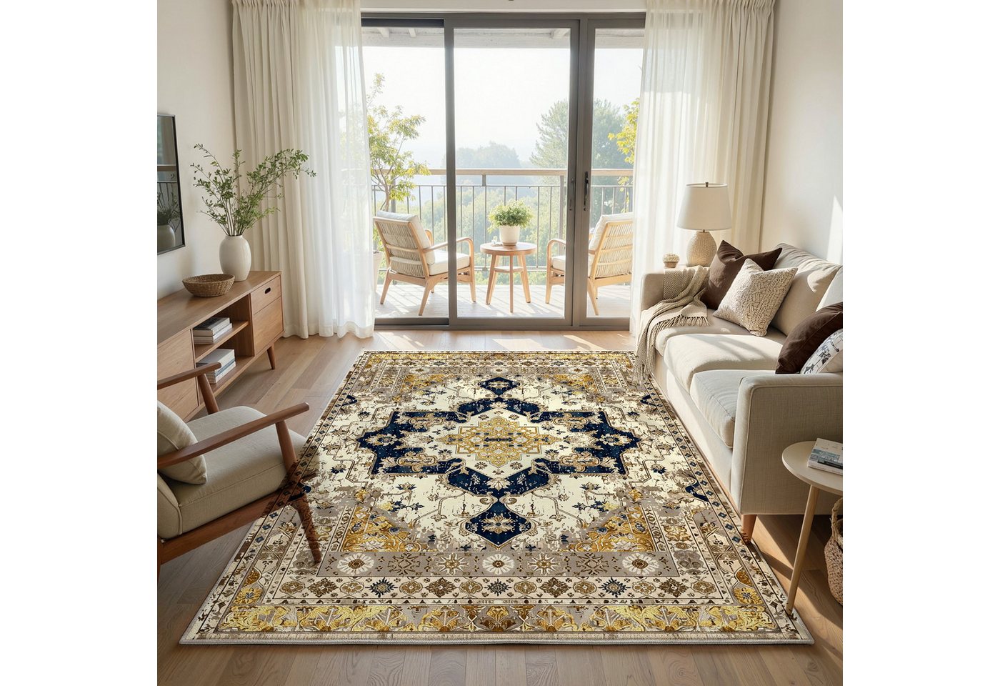 Klyvvo Teppich Boho Retro Kurzflor Teppich mit Blumenmuster rechteckig, Höhe: 8.5 mm, Rechteckig, hohe Flordichte, weich, Maschinwaschbar mit Rutschfester TPE-U – Bild 2 von 5