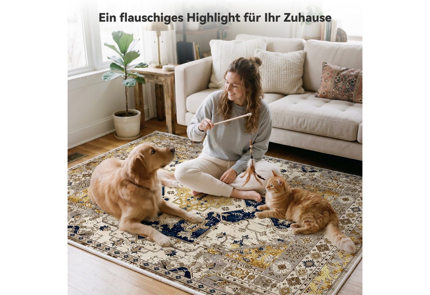 Klyvvo Teppich Boho Retro Kurzflor Teppich mit Blumenmuster rechteckig, Höhe: 8.5 mm, Rechteckig, hohe Flordichte, weich, Maschinwaschbar mit Rutschfester TPE-U – Bild 4 von 5