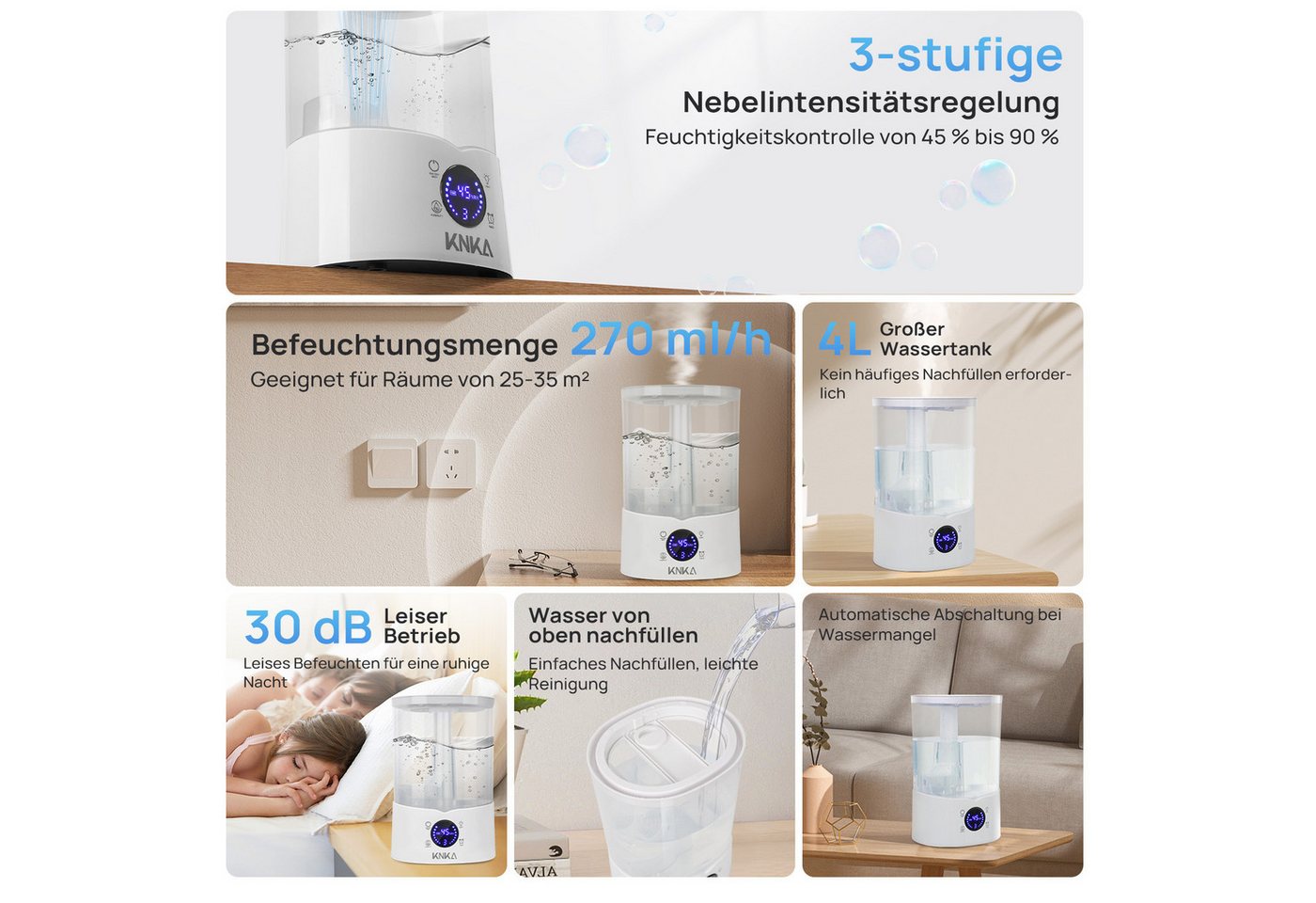 KNKA PRO Luftbefeuchter Top Fill Luftbefeuchter, 4 l Wassertank, Leiser Raumluftbefeuchter für Schlafzimmer Kinderzimmer Pflanzen Baby – Bild 2 von 5