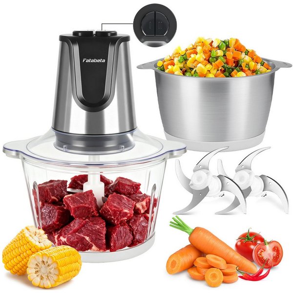 KNKA PRO Zerkleinerer Elektrischer Multizerkleinerer mit 2×2 L Glas- & Edelstahlschüsseln, 500 W, Fleischwolf 2 Messer, 2 Geschwindigkeitsstufen für Fleisch, Ge