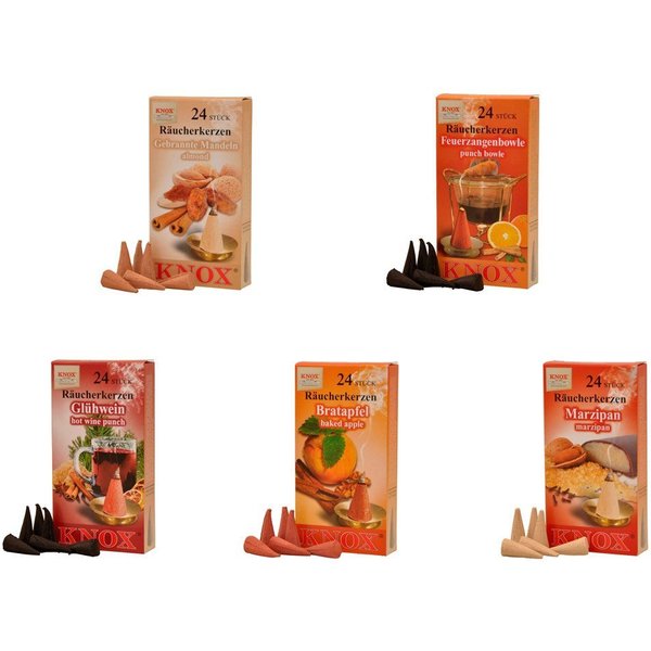 KNOX Duftkerze 5er Set Weihnachtsmarktdüfte, Räucherkerzen Größe M - Inhalt jeweils 24 Stück - Made in Germany