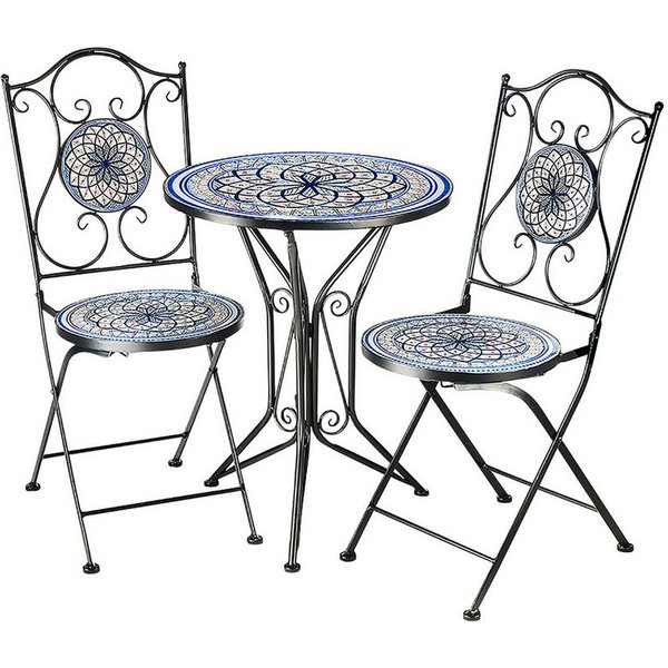 Kobolo Balkonset Sitzgruppe Gartenmöbel Tisch Stühle Metall Mosaik blau weiß, (3-tlg)