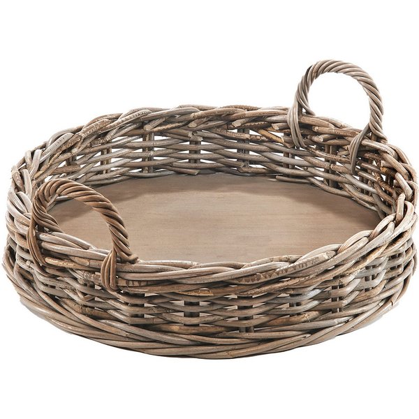 Kobolo Tablett Dekotablett Serviertablett aus Rattan kubu grey rund, Holzbrett Bettt, Holz, (Stück, 1-tlg., Stück), mit Holzboden - 48 cm Dm.