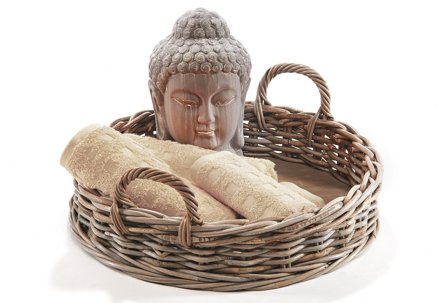 Kobolo Tablett Dekotablett Serviertablett aus Rattan kubu grey rund, Holzbrett Bettt, Holz, (Stück, 1-tlg., Stück), mit Holzboden - 48 cm Dm. – Bild 2 von 5