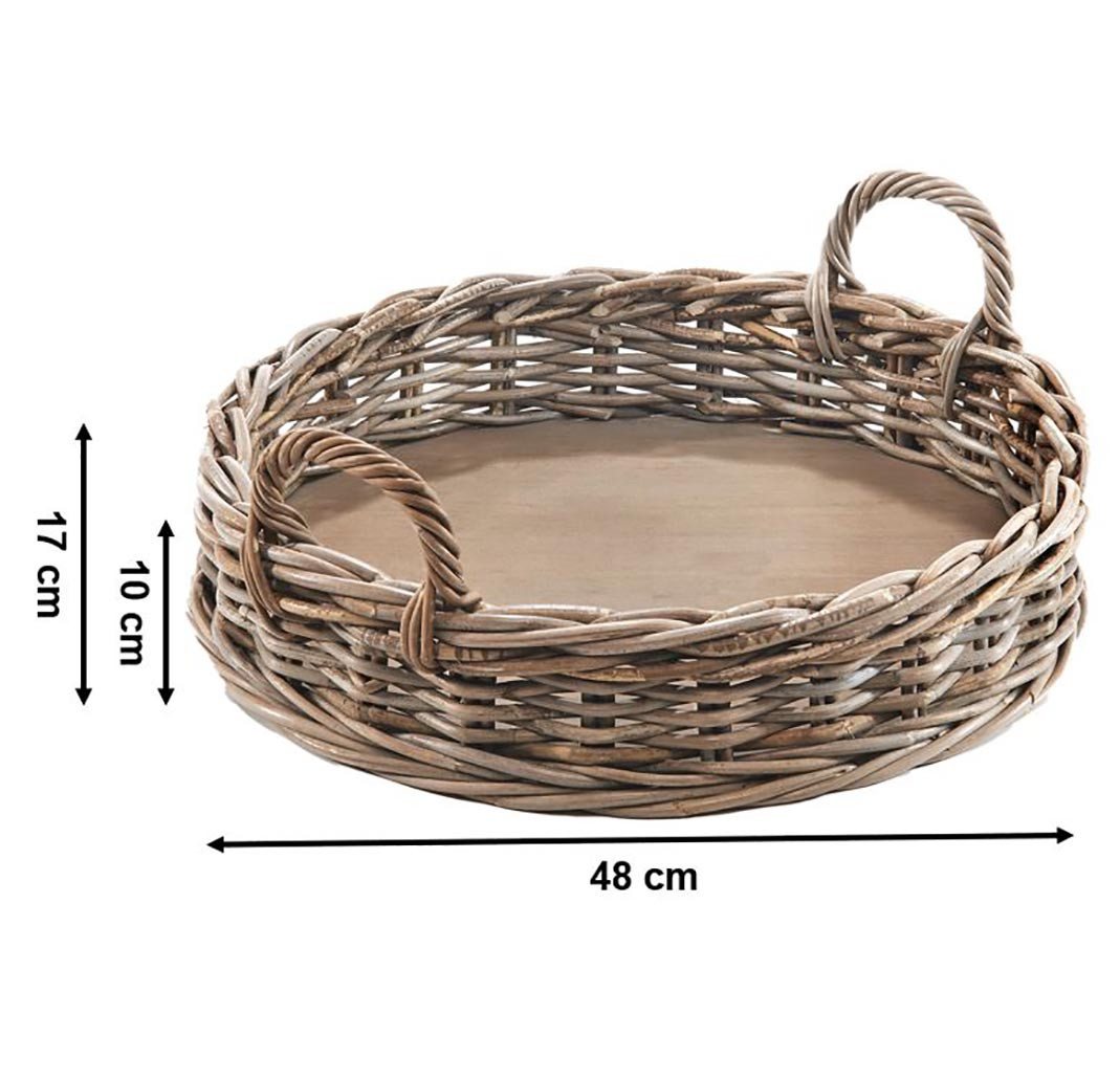 Kobolo Tablett Dekotablett Serviertablett aus Rattan kubu grey rund, Holzbrett Bettt, Holz, (Stück, 1-tlg., Stück), mit Holzboden - 48 cm Dm. – Bild 3 von 5