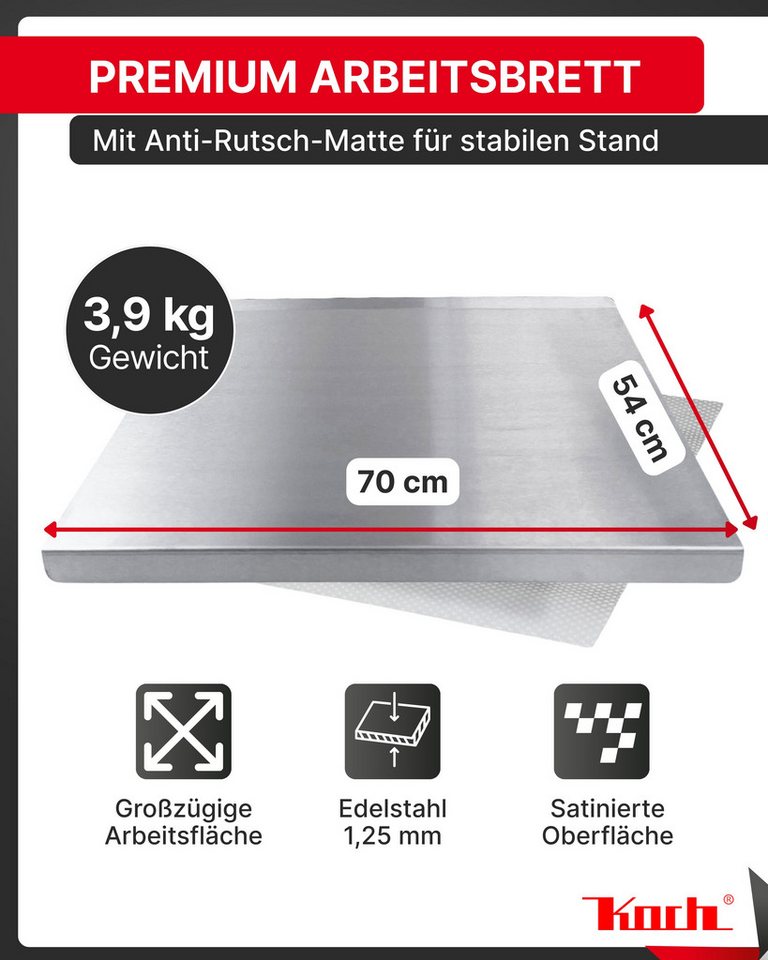Koch Schneidebrett / Arbeitsplatte 70 x 54 cm mit Mehlfangkante Edelstahl – Bild 5 von 5