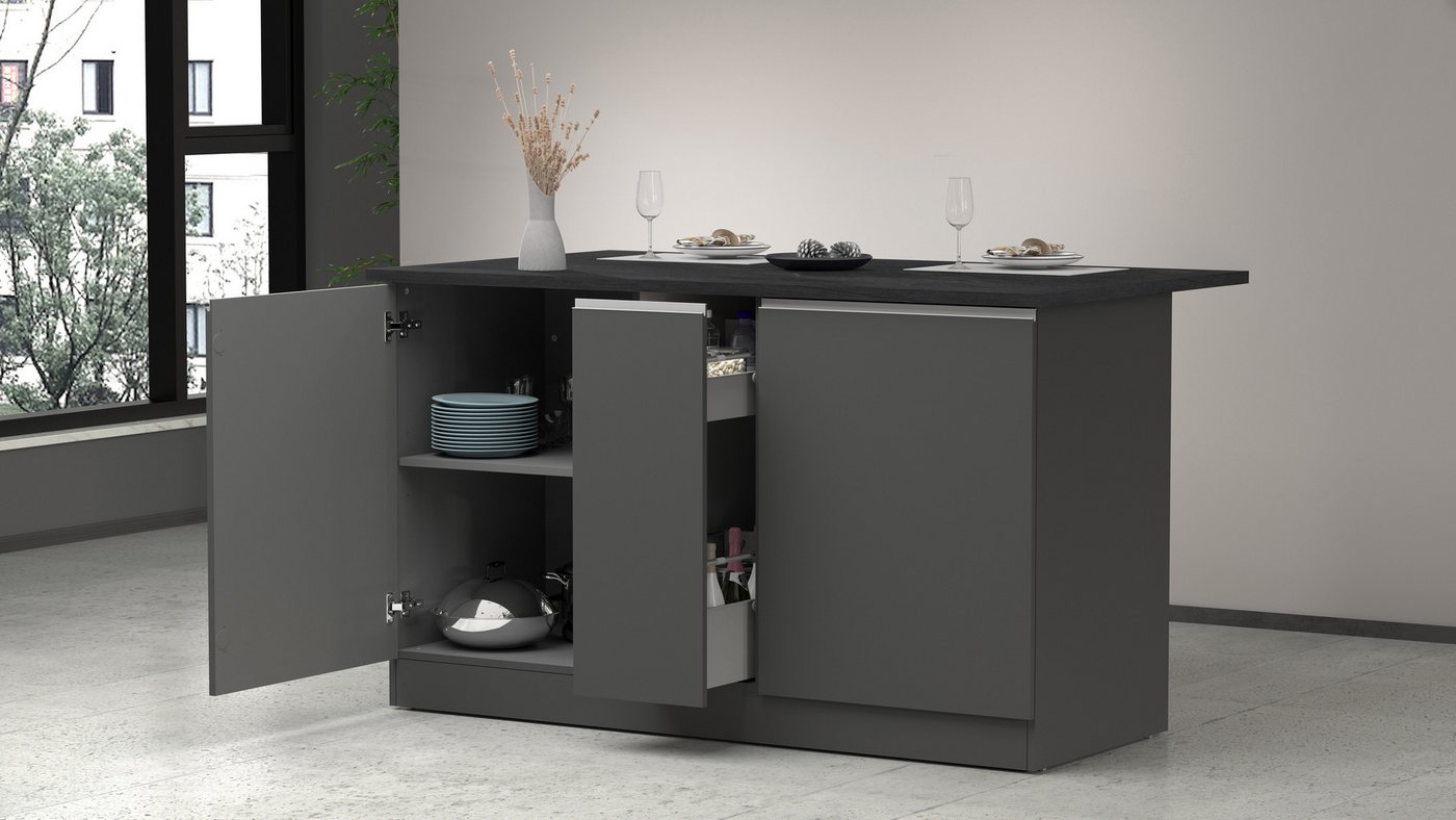 KOCHSTATION Kücheninsel KS-Sole,Kochinsel,Küchenarbeitsblock,Inselküche,Arbeitsinsel, Breite 155 cm, mit Apothekerauszug, gedämpfte Türen – Bild 4 von 5
