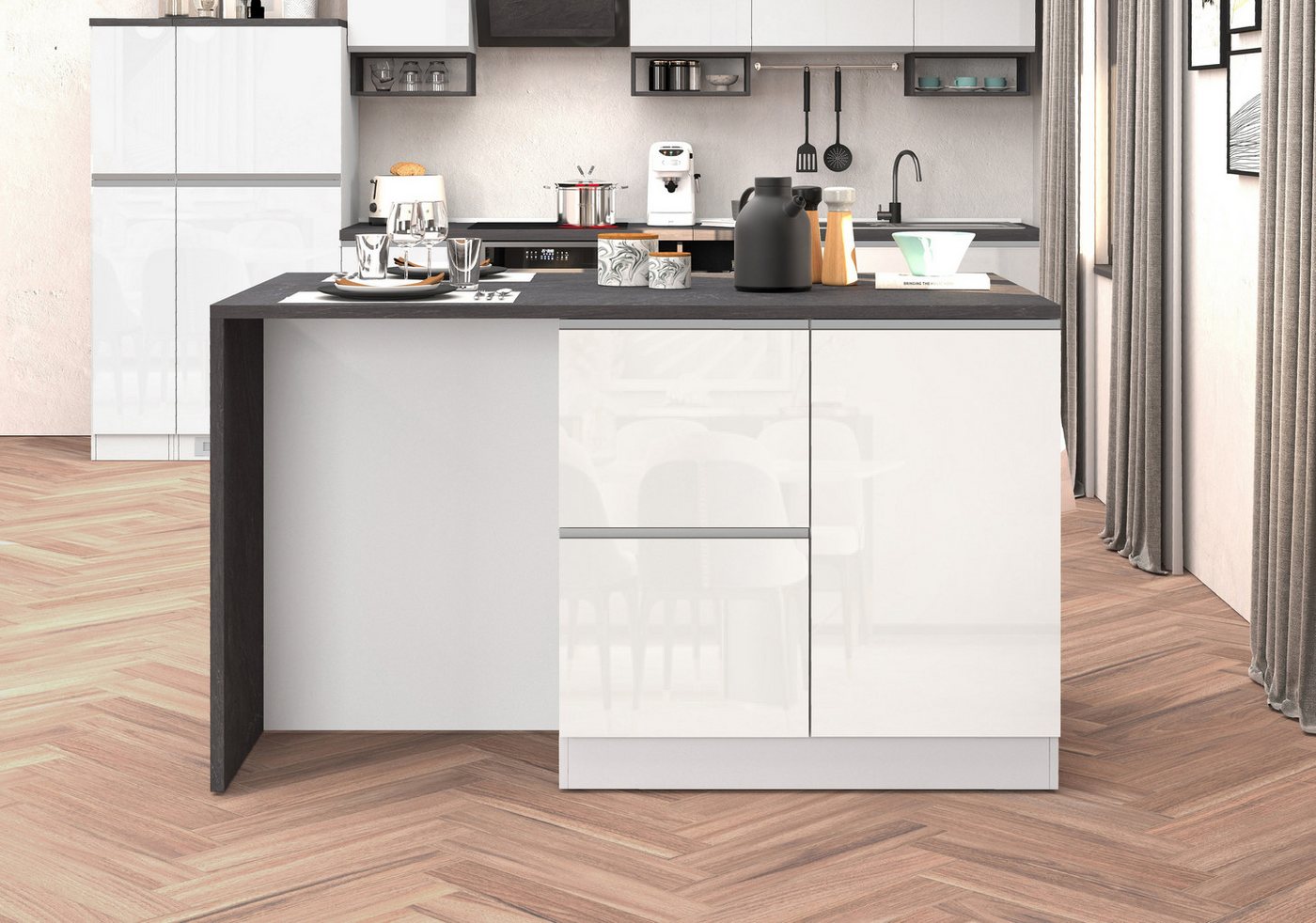 KOCHSTATION Kücheninsel KS-Sole, Kochinsel, Küchenarbeitsblock, Inselküche, Arbeitsinsel, Breite 152,5 cm, mit Essplatz, Handtuchhalter, Fächer und Weinregal – Bild 2 von 5
