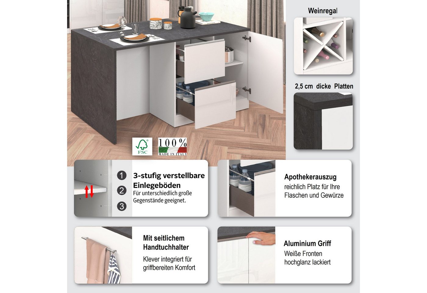 KOCHSTATION Kücheninsel KS-Sole, Kochinsel, Küchenarbeitsblock, Inselküche, Arbeitsinsel, Breite 152,5 cm, mit Essplatz, Handtuchhalter, Fächer und Weinregal – Bild 3 von 5