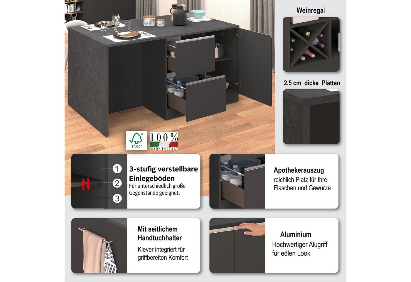KOCHSTATION Kücheninsel KS-Sole, Kochinsel, Küchenarbeitsblock, Inselküche, Arbeitsinsel, Breite 152,5 cm, mit Essplatz, Handtuchhalter, Fächer und Weinregal – Bild 3 von 5