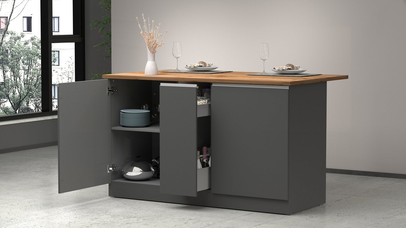 KOCHSTATION Kücheninsel KS-Sole,Kochinsel,Küchenarbeitsblock,Inselküche,Arbeitsinsel, Breite 155 cm, mit Apothekerauszug, gedämpfte Türen – Bild 3 von 5