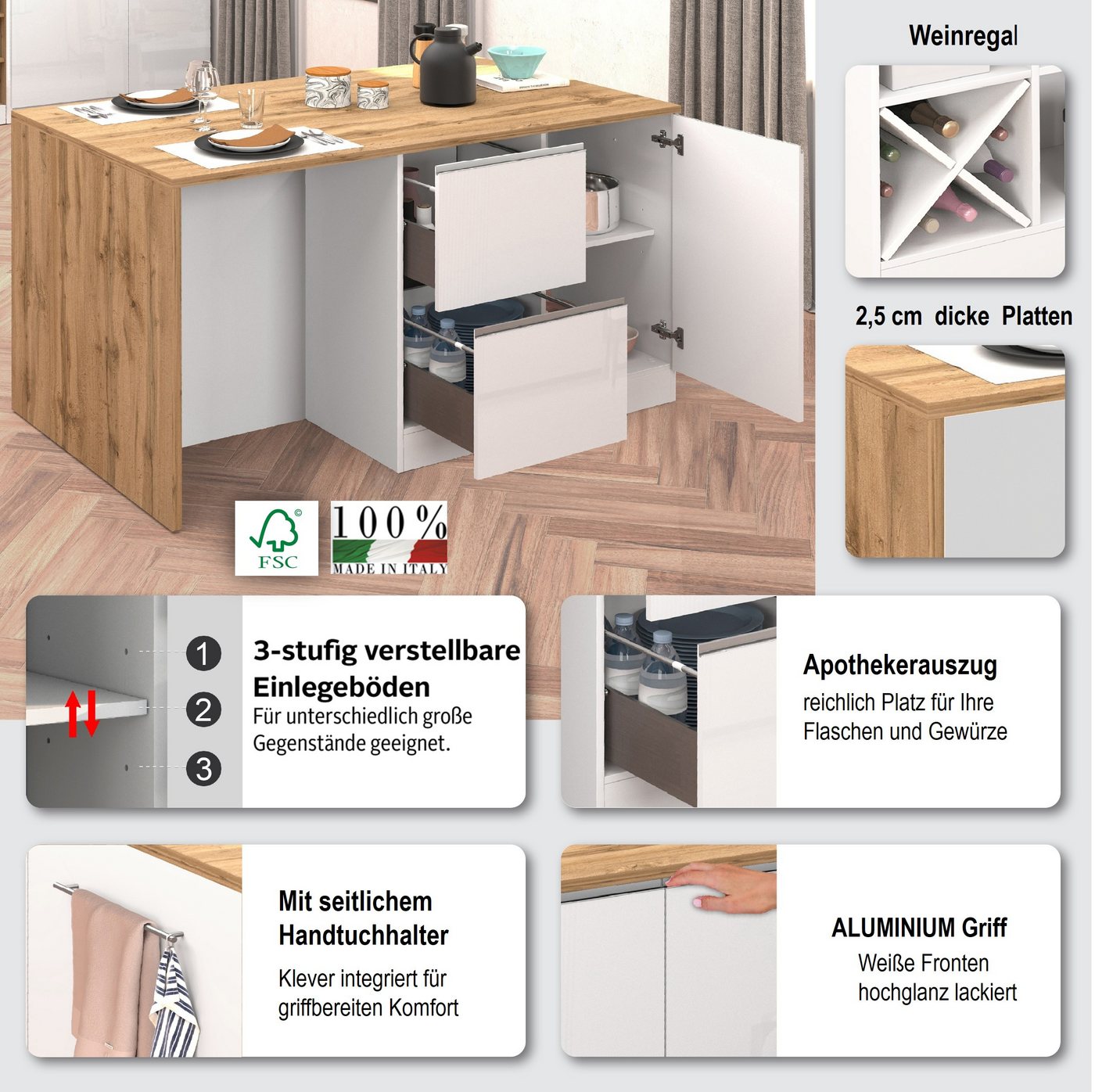 KOCHSTATION Kücheninsel KS-Sole, Kochinsel, Küchenarbeitsblock, Inselküche, Arbeitsinsel, Breite 152,5 cm, mit Essplatz, Handtuchhalter, Fächer und Weinregal – Bild 3 von 5