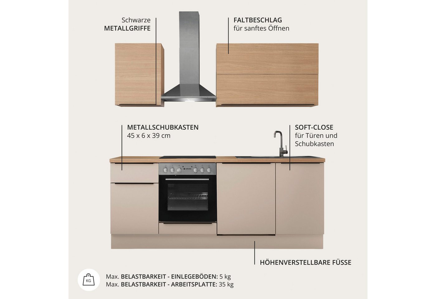 KOCHSTATION Küchenzeile Cocco, Breite 220 cm, wahlweise mit E-Geräten und Induktion – Bild 4 von 5