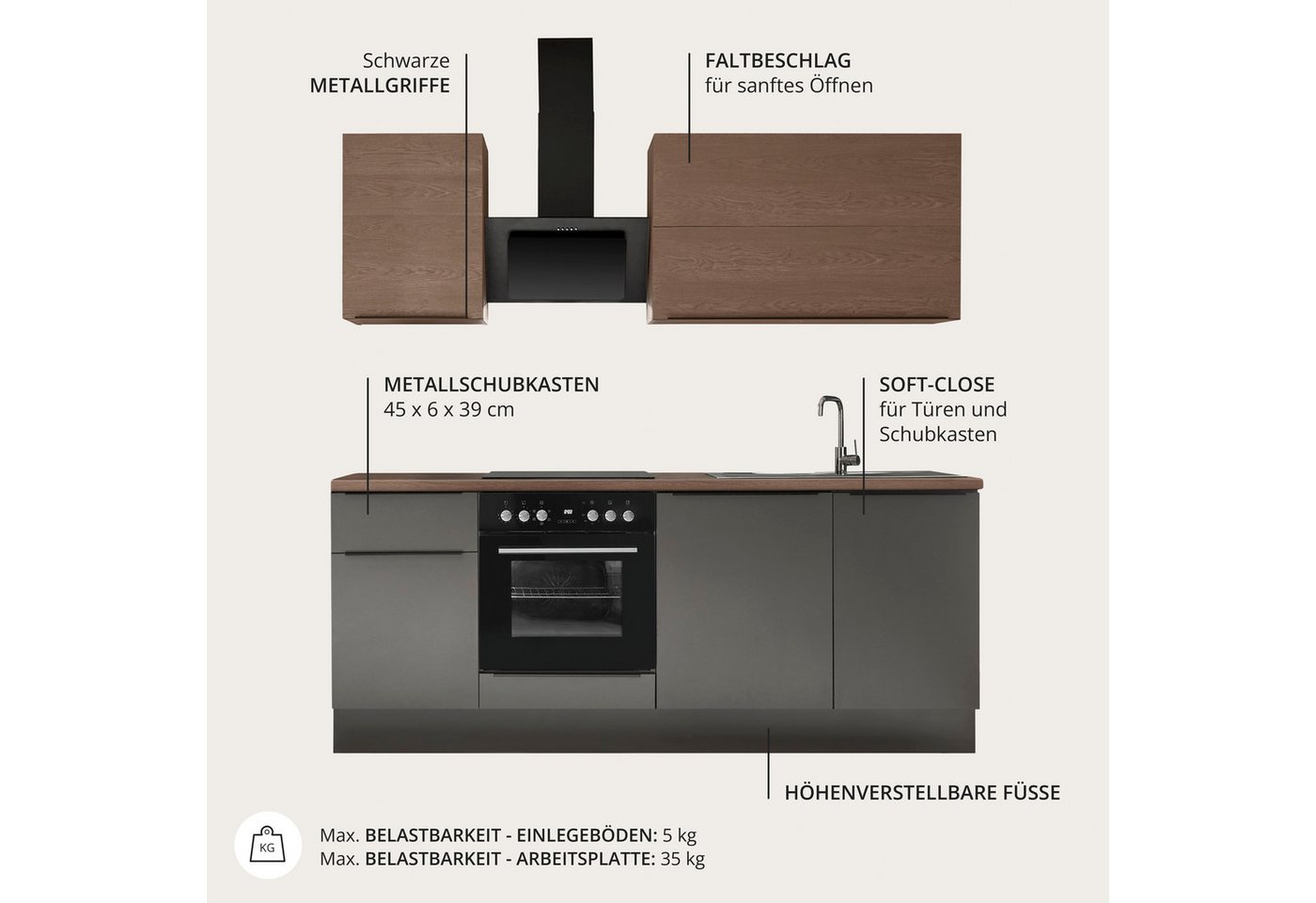 KOCHSTATION Küchenzeile Cocco, Breite 220 cm, wahlweise mit E-Geräten und Induktion – Bild 3 von 5
