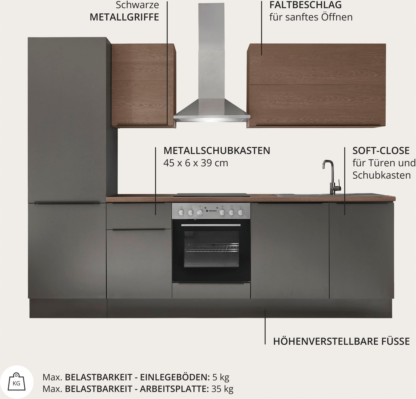 KOCHSTATION Küchenzeile Cocco, Breite 280 cm, wahlweise mit E-Geräten und Induktion – Bild 4 von 5