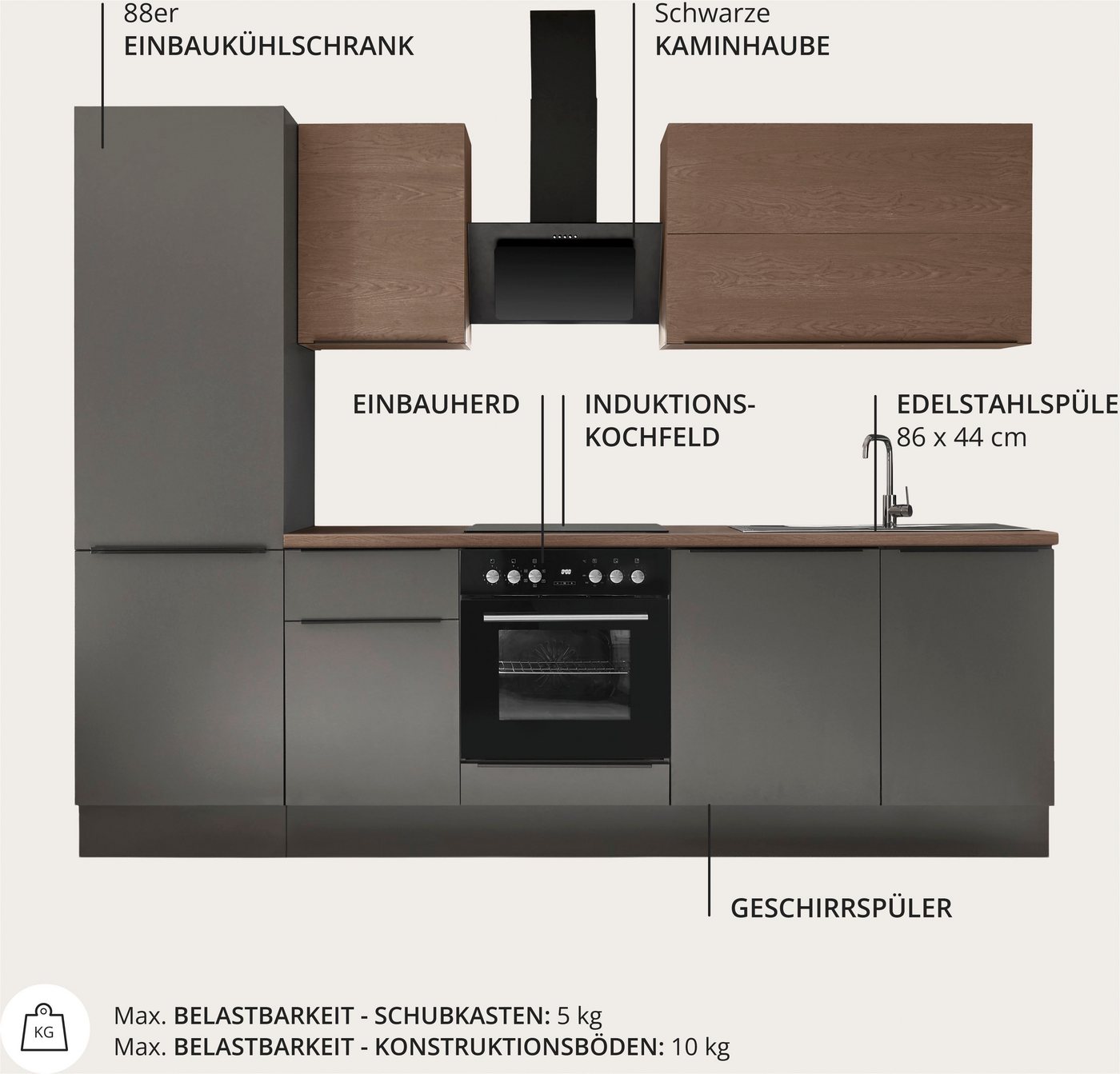 KOCHSTATION Küchenzeile Cocco, Breite 280 cm, wahlweise mit E-Geräten und Induktion – Bild 3 von 5