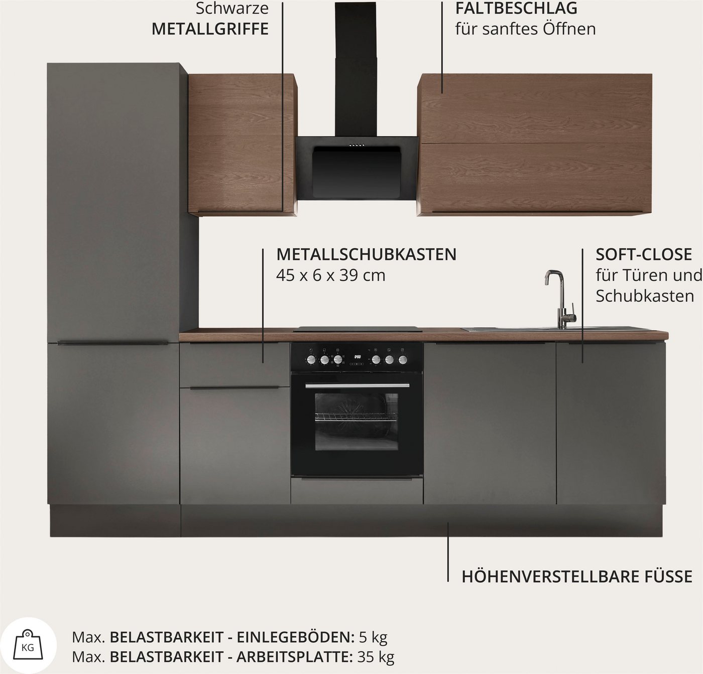 KOCHSTATION Küchenzeile Cocco, Breite 280 cm, wahlweise mit E-Geräten und Induktion – Bild 4 von 5