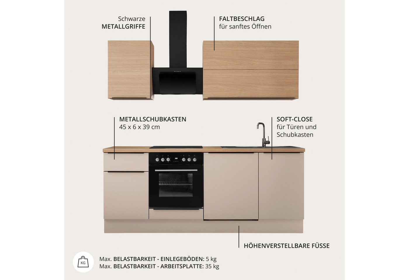 KOCHSTATION Küchenzeile Cocco, Breite 220 cm, wahlweise mit E-Geräten und Induktion – Bild 4 von 5