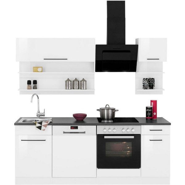 KOCHSTATION Küchenzeile KS-Tulsa, mit E-Geräten, Breite 210 cm, schwarze Metallgriffe, MDF Fronten