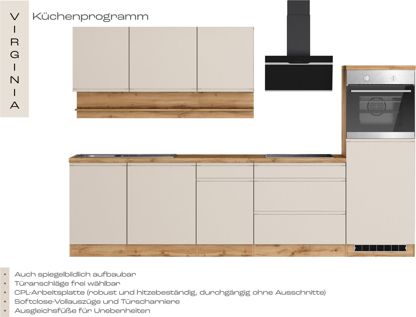 KOCHSTATION Küchenzeile KS-Virginia,neu in verbesserter Ausführung, Breite 300 cm, Soft-Close, wahlweise mit E-Geräten – Bild 4 von 5