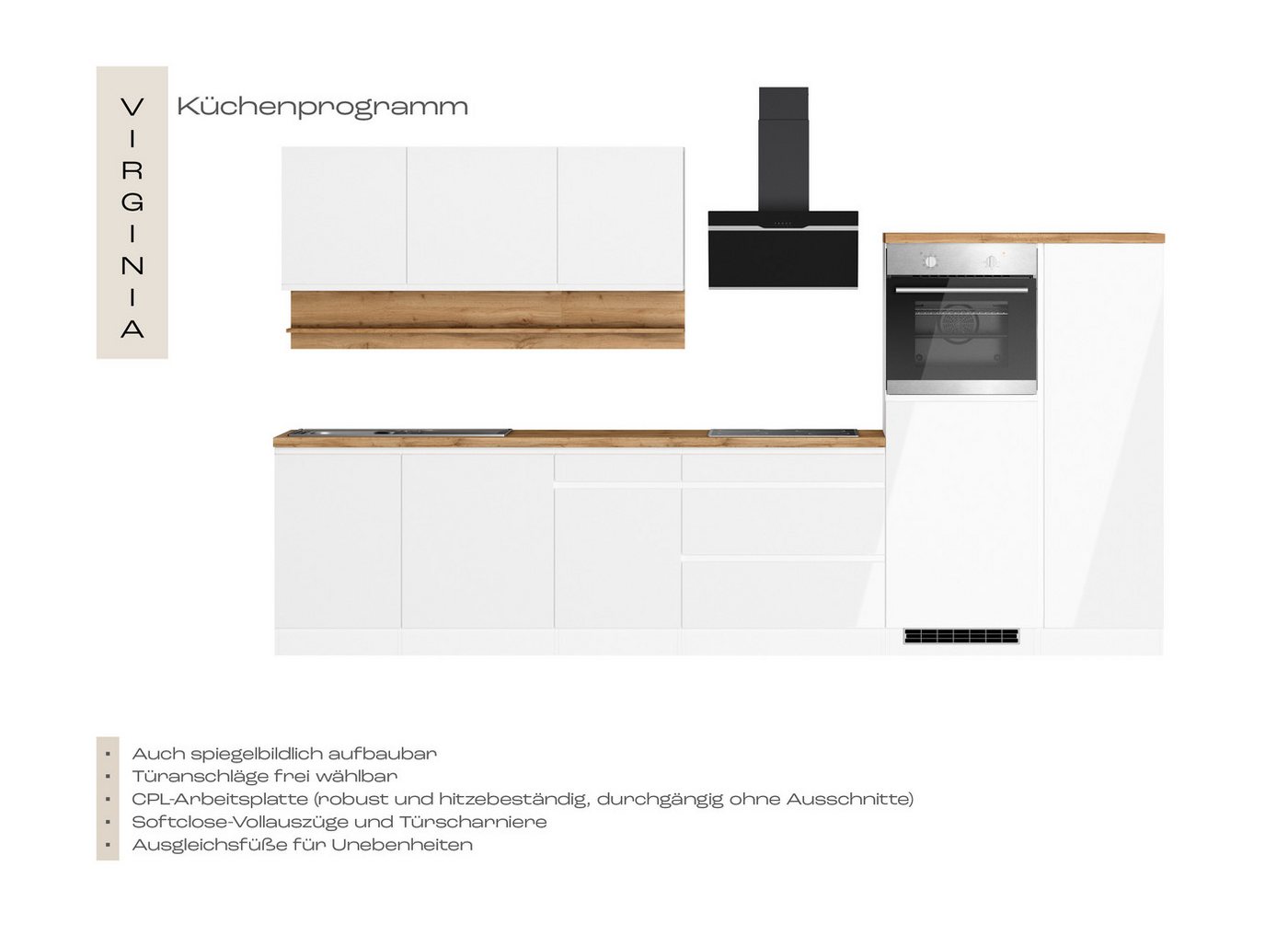 KOCHSTATION Küchenzeile KS-Virginia,neu in verbesserter Ausführung, Breite 350 cm,Soft-Close, mit Glaskeramik-oder Induktionskochfeld – Bild 5 von 5