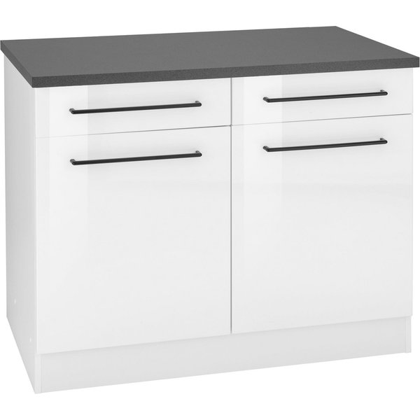 KOCHSTATION Unterschrank KS-Tulsa 100 cm breit, 2 Schubkästen, 2 Türen, schwarzer Metallgriff, MDF Front