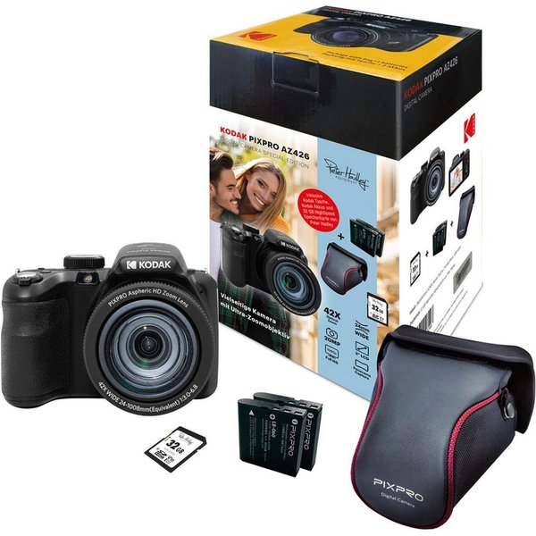 Kodak PixPro AZ426 schwarz Digitalkamera Set + Zubehör Kompaktkamera (inkl. Tasche,Karte,Akku,Lenspen,Display-Schutzfolie,Mikrofasertuch)