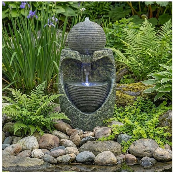 Köhko Gartenbrunnen „Steinquell Aura“ mit LED –Moderner Gartenbrunnen in Natursteinoptik