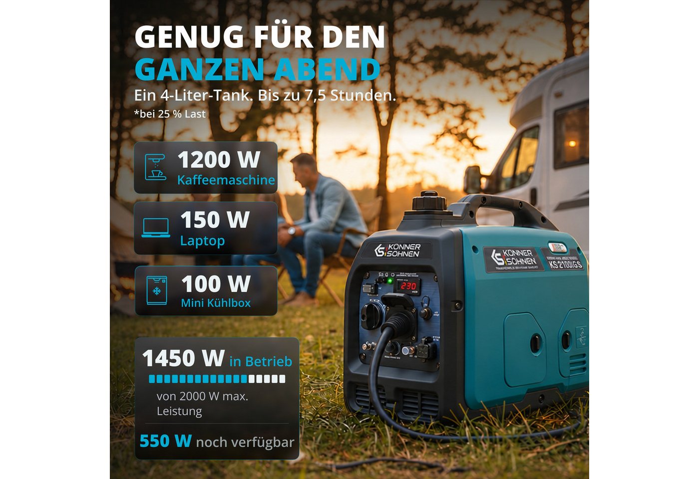 Könner & Söhnen Stromerzeuger KS 2100iG S, 2,00 in kW, (Superleiser Hybrid-Inverter (LPG/Benzin) mit USB, 1-tlg., 2.0 kW, 62 dB(A), ECO-Modus, Parallelschaltung – Bild 4 von 5