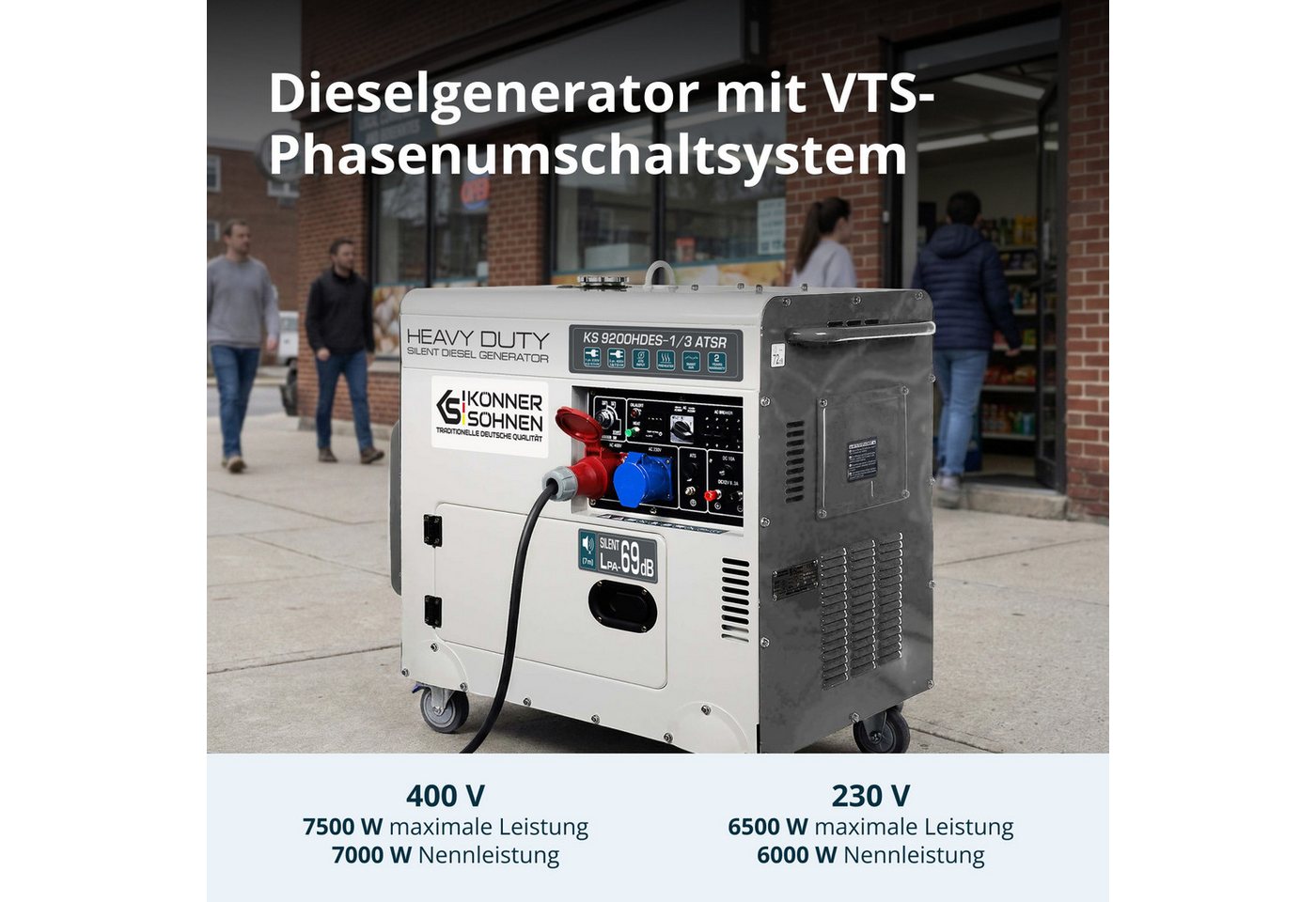 Könner & Söhnen Stromerzeuger KS 9200HDES-1/3 ATSR, 7,50 in kW, (18PS 4-Takt Dieselmotor, E-Start, Vorwärmer, 1-tlg., LED-Anzeige, Kupfer, Lärmarm, 7500/6400 Wa – Bild 2 von 5