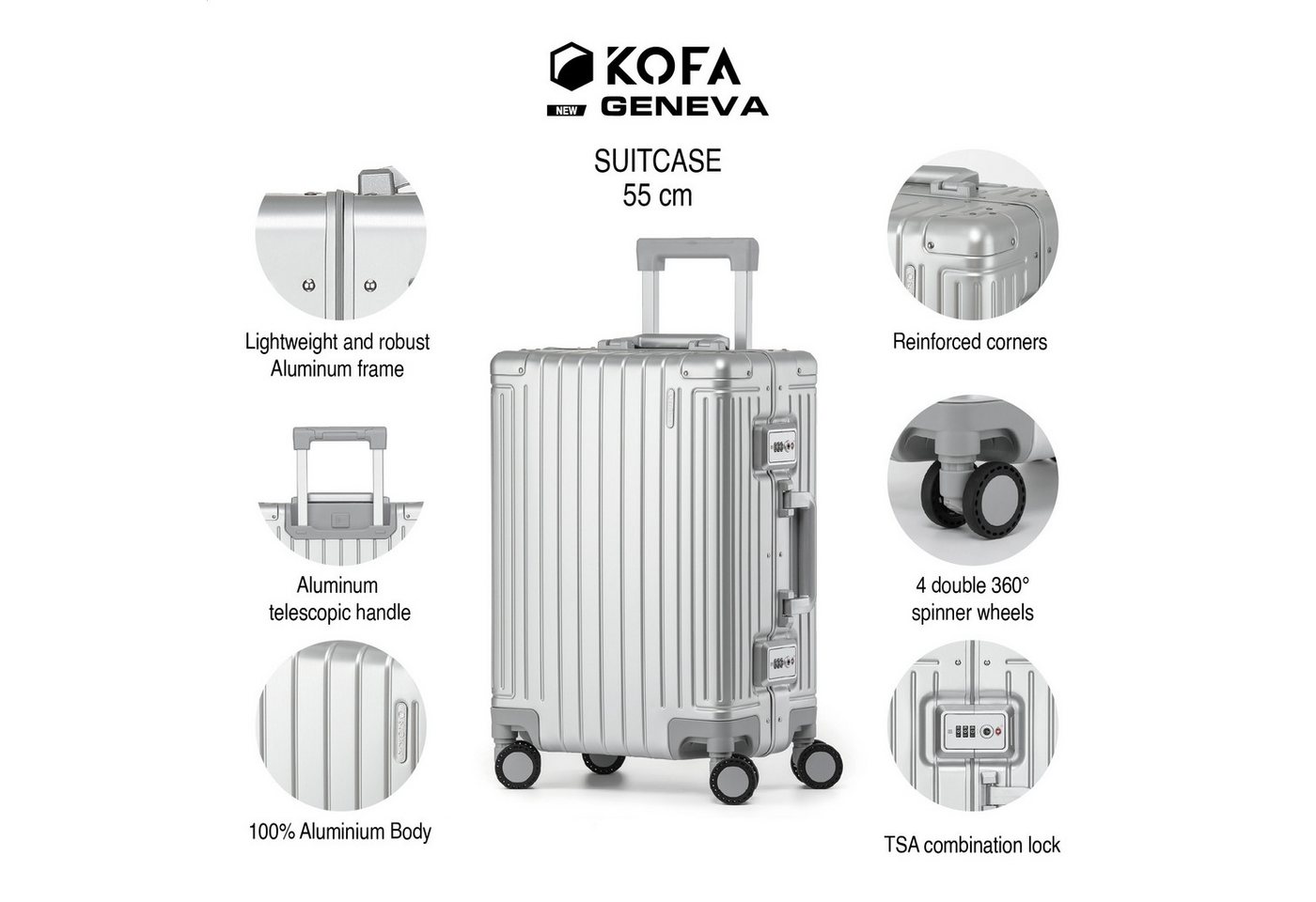 KOFA Handgepäckkoffer GENEVA, 55cm 100% Aluminium Hartschale, 4 Rollen, TSA Schloss – Bild 2 von 5
