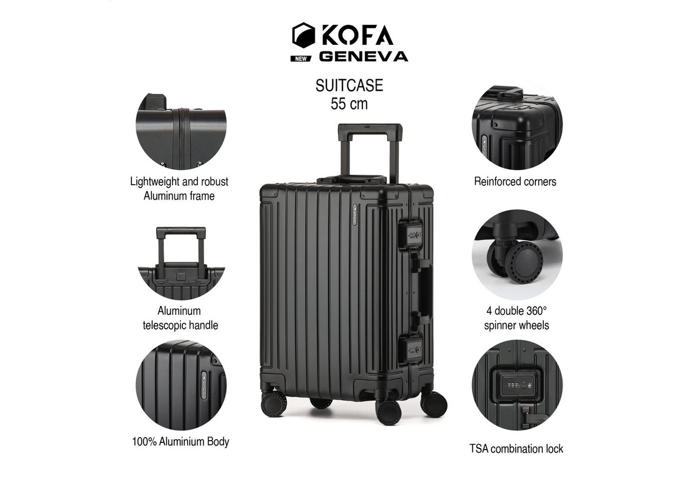 KOFA Handgepäckkoffer GENEVA, 55cm 100% Aluminium Hartschale, 4 Rollen, TSA Schloss – Bild 2 von 5