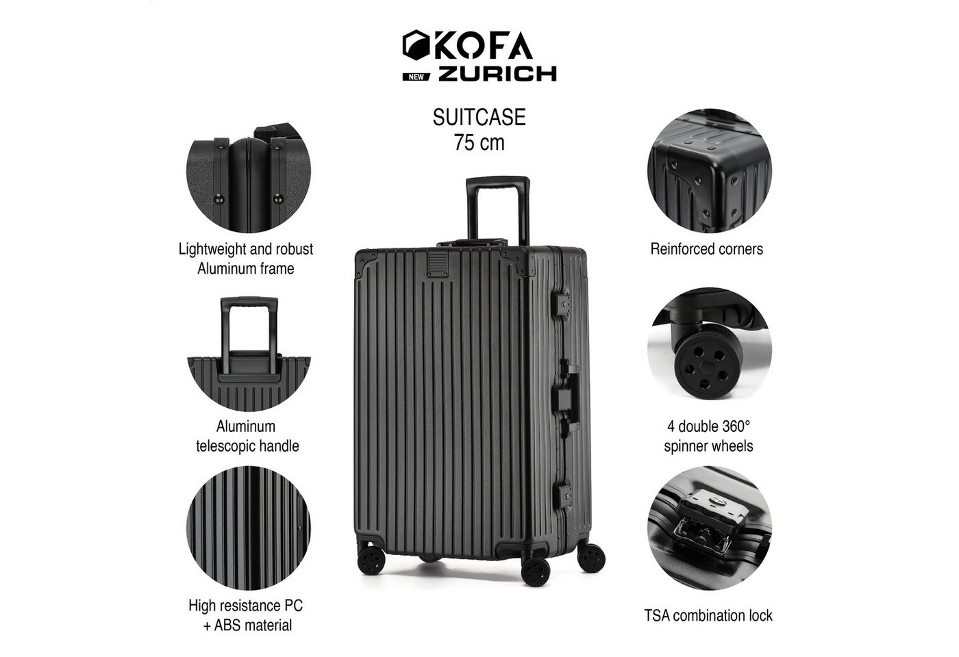 KOFA Koffer ZURICH, 75cm Alu-Rahmen & Polycarbonat-Hartschale, 4 Rollen, TSA Schloss – Bild 2 von 5