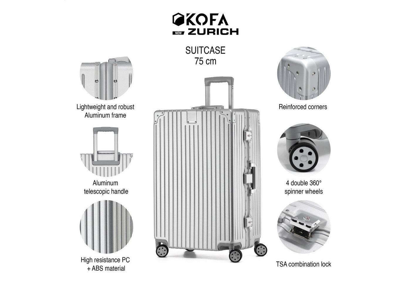 KOFA Koffer ZURICH, 75cm Alu-Rahmen & Polycarbonat-Hartschale, 4 Rollen, TSA Schloss – Bild 2 von 5