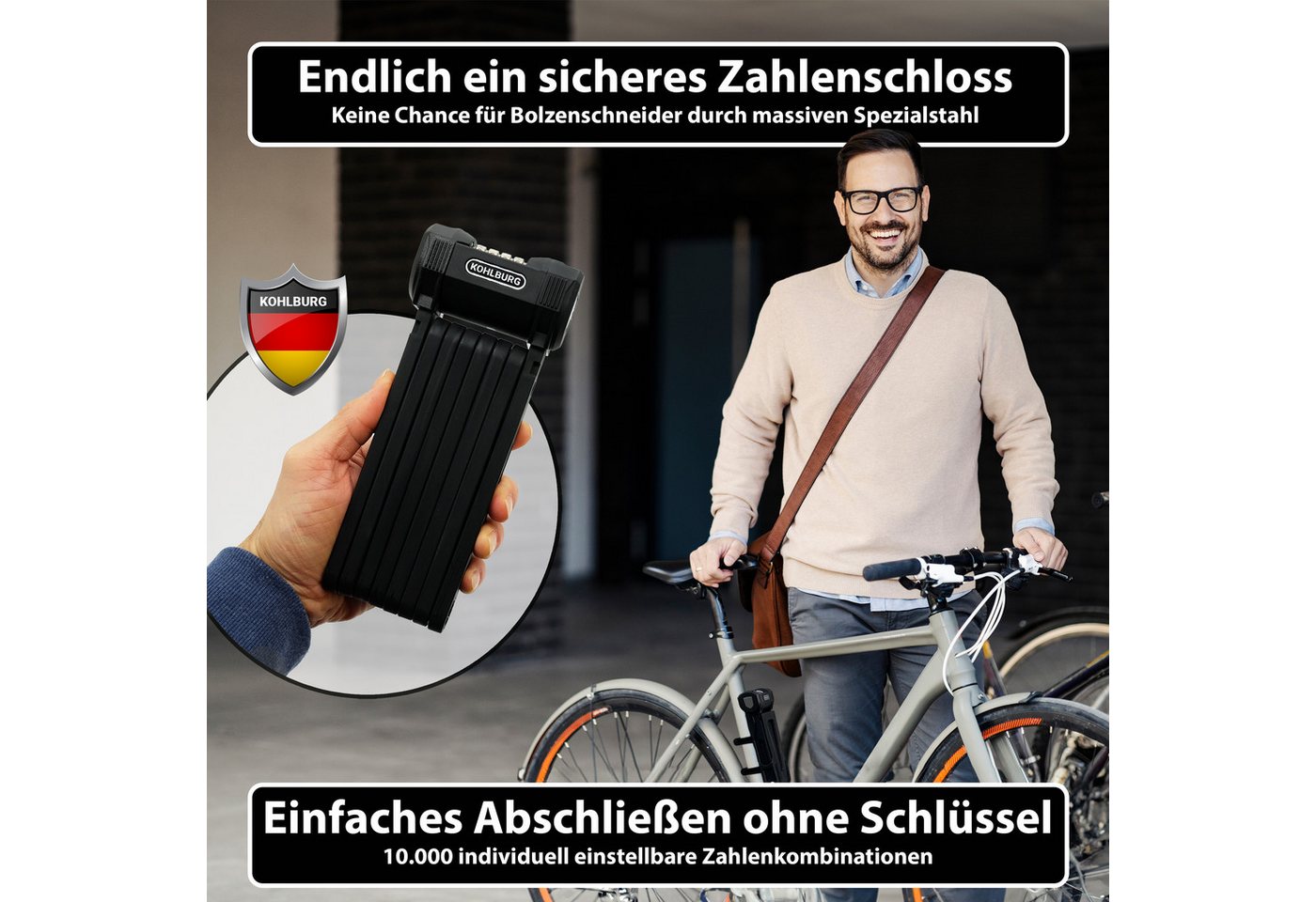 KOHLBURG Faltschloss Zahlenschloss [110cm lang & Bolzenschneider-sicher] Fahrrad & E-Bike, Sicherheitsschloss mit Zahlencode • Halterung • Fahrrad Zahlenschloss – Bild 2 von 5