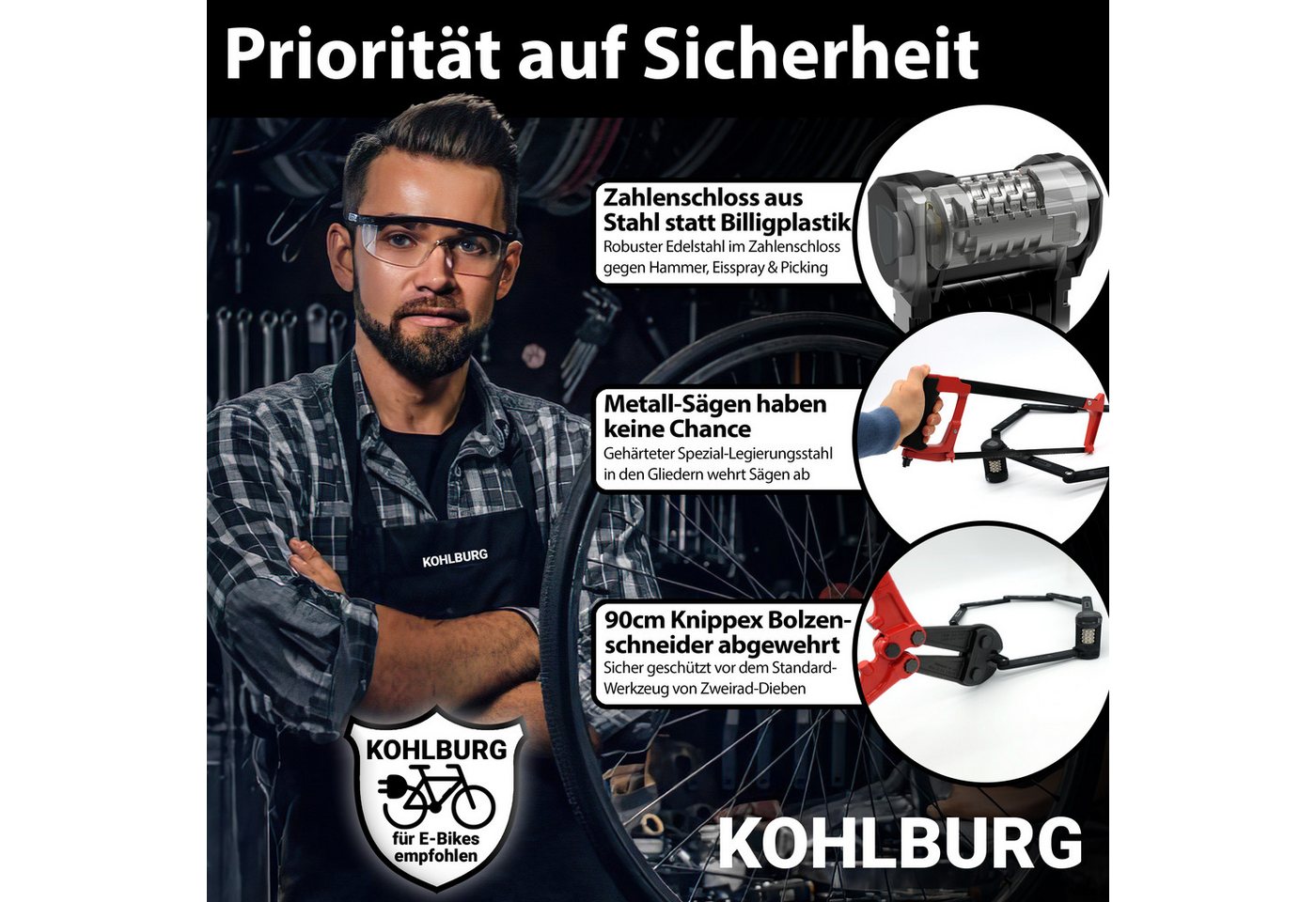 KOHLBURG Faltschloss Zahlenschloss [110cm lang & Bolzenschneider-sicher] Fahrrad & E-Bike, Sicherheitsschloss mit Zahlencode • Halterung • Fahrrad Zahlenschloss – Bild 4 von 5