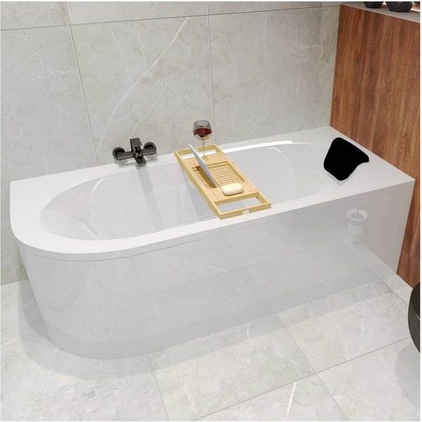 KOLMAN Badewanne Eckwanne AVITA 150x75 Rechts mit AcrylSchürze+Bambus Ablage+Kopfstütze