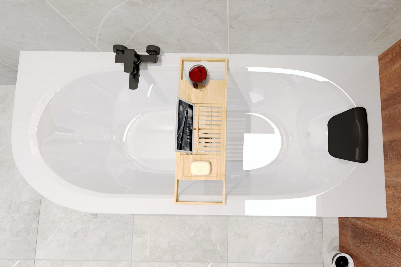 KOLMAN Badewanne Eckwanne AVITA 150x75 Links mit AcrylSchürze+Bambus Ablage+Kopfstütze – Bild 3 von 5