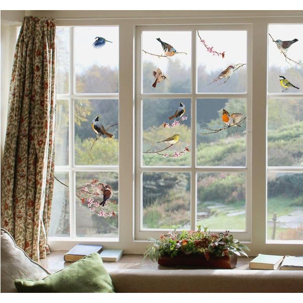 Komar Fensterbild Vögel, birds, 12 schöne, verspielte Motive, Design Frühling, Sticker für Fenster oder Spiegel, selbsthaftend und wiederverwendbar