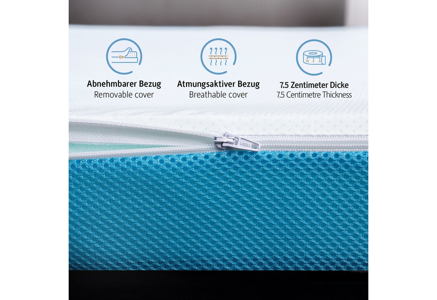 Komfortec, Topper Matratzentopper H3/H4 Oeko-TEX & CertiPUR-US Zertifiziert, 7.5 cm hoch, Gel-Memory, Atmungsaktiv, Ergonomisch – Bild 4 von 5