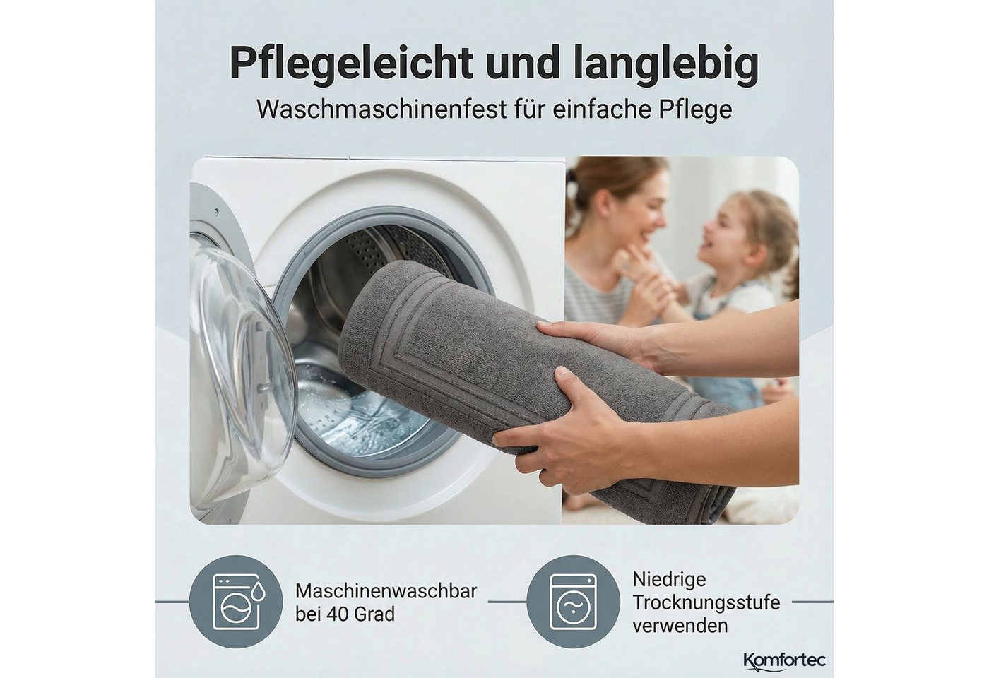 Komfortec Badematte Badvorleger aus 100% Baumwolle, 50x70 cm Duschvorleger, Waschbar Duschmatte, Frottee, Rechteckig, 600 g/m², 2er Set, Saugfähig & Schnelltroc – Bild 4 von 5