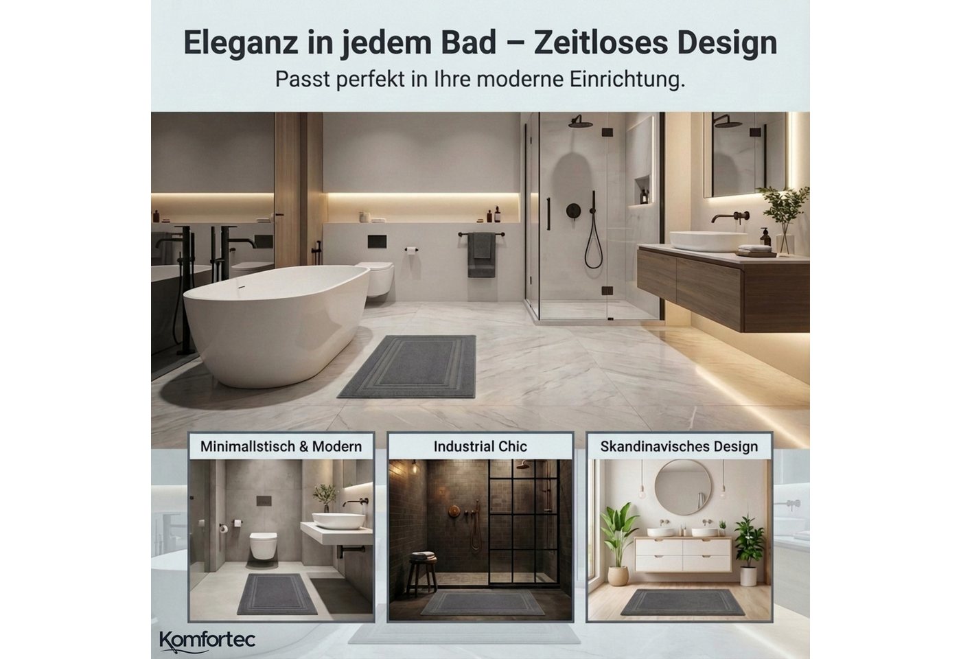 Komfortec Badematte Badvorleger aus 100% Baumwolle, 50x70 cm Duschvorleger, Waschbar Duschmatte, Frottee, Rechteckig, 600 g/m², 2er Set, Saugfähig & Schnelltroc – Bild 5 von 5