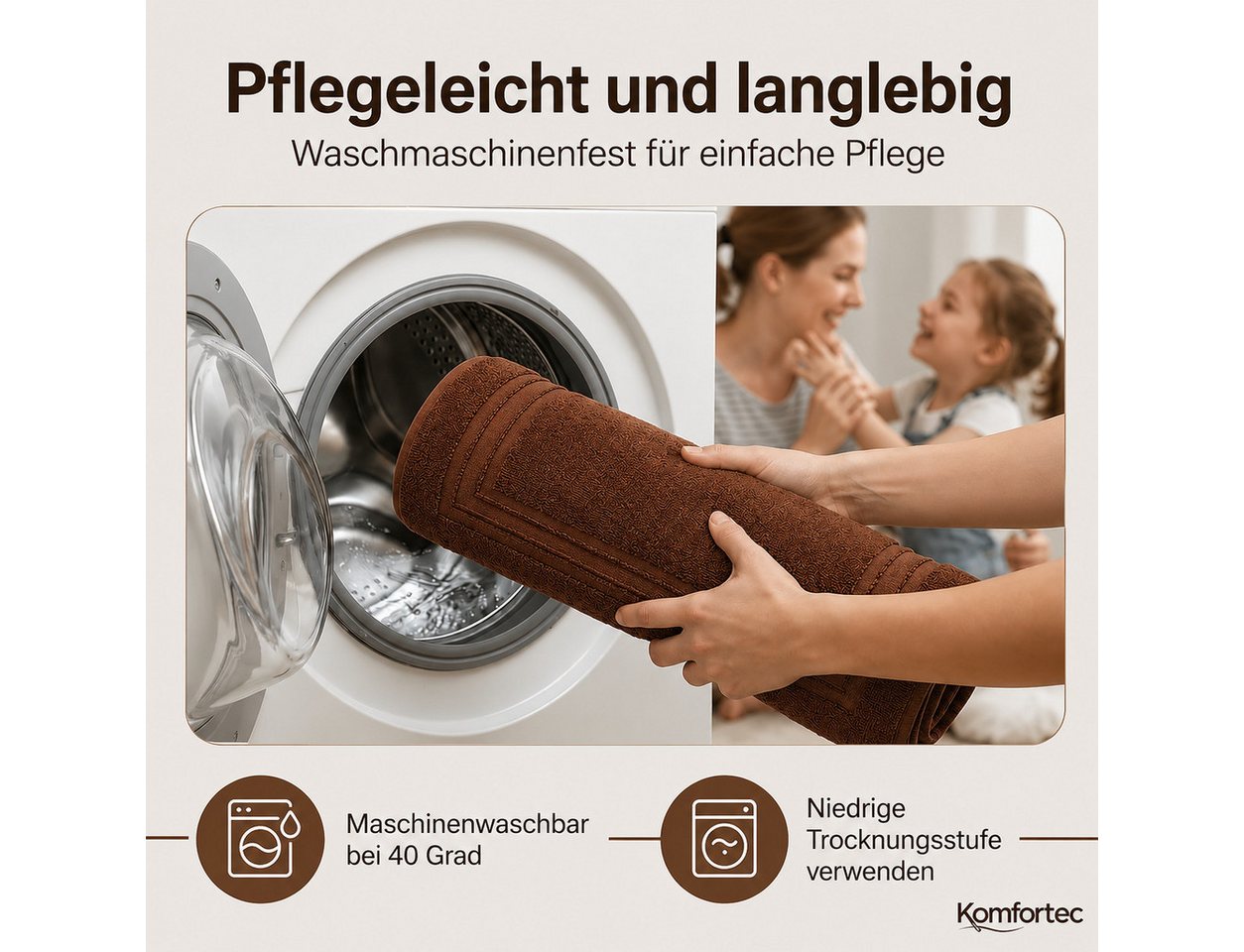 Komfortec Badematte Badvorleger aus 100% Baumwolle, 50x70 cm Duschvorleger, Waschbar Duschmatte, Frottee, Rechteckig, 600 g/m², 2er Set, Saugfähig & Schnelltroc – Bild 4 von 5