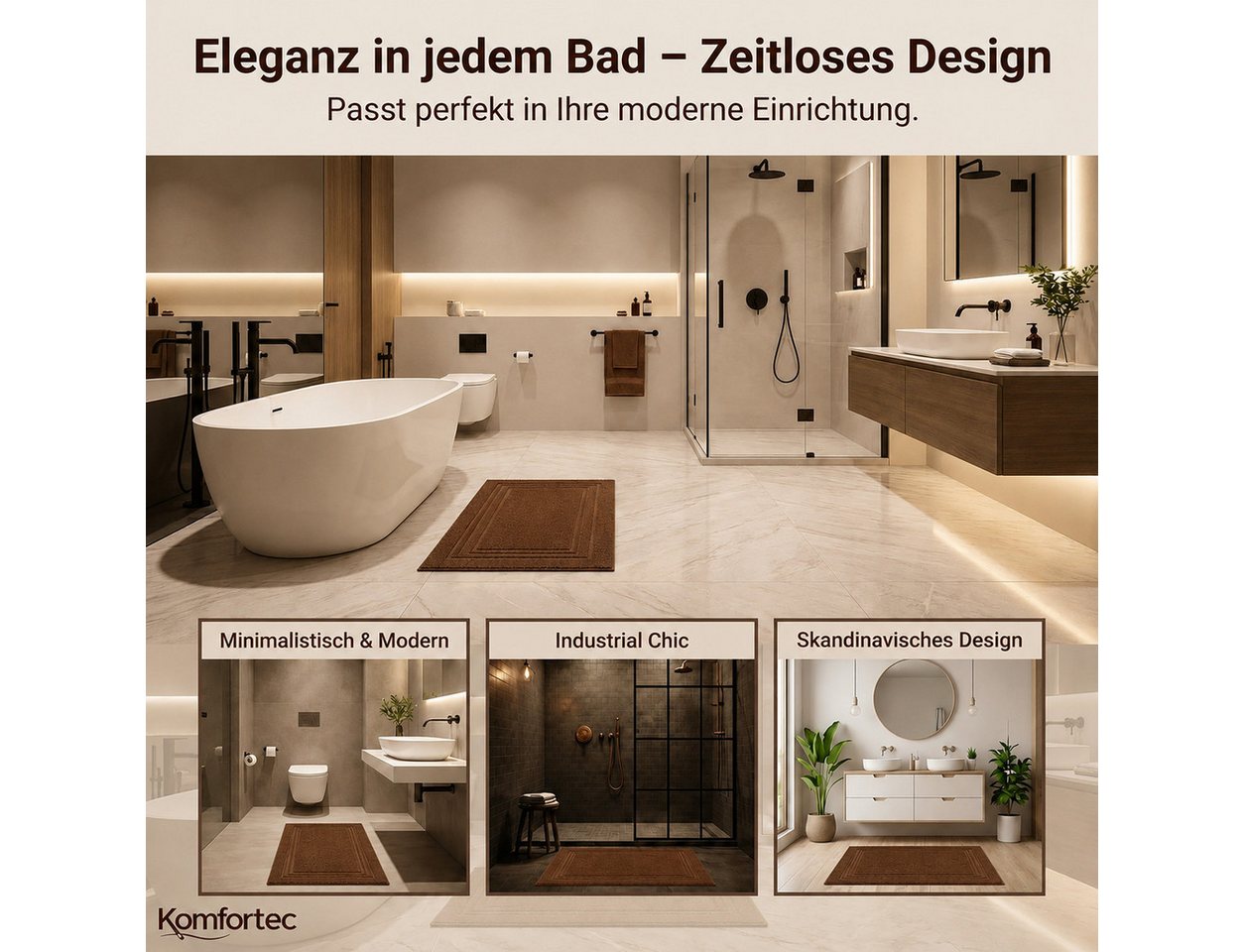 Komfortec Badematte Badvorleger aus 100% Baumwolle, 50x70 cm Duschvorleger, Waschbar Duschmatte, Frottee, Rechteckig, 600 g/m², 2er Set, Saugfähig & Schnelltroc – Bild 5 von 5